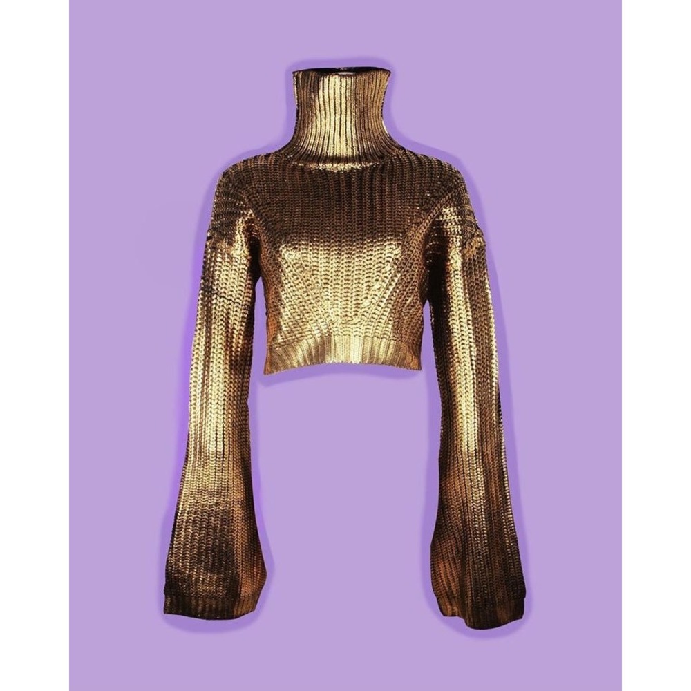 Hanifa XS Gold Metallic Knit Cropped Turtleneck Bell Sleeve Sweater NWT - Picture 4 of 12